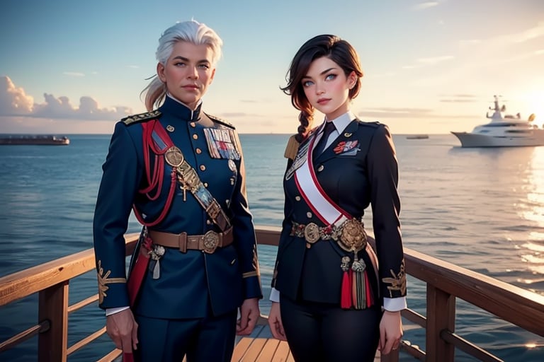 masterpiece,best quality, highly detailed, ruby_rose, looking_at_viewer, ((cowboy shot)), wearing military uniform, standing on pier, next to luxury yacht, with white haired female military officer, officer with long white ponytail, other military officers on jet, poakl