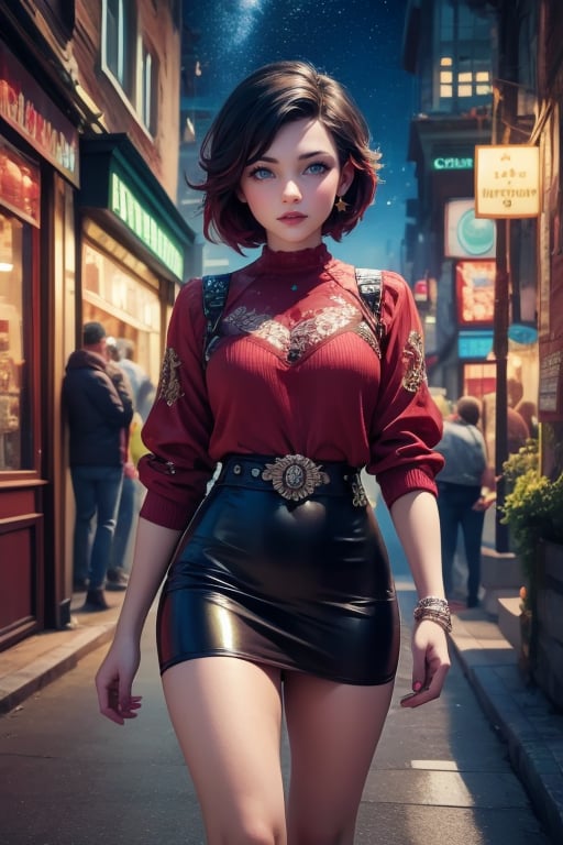 masterpiece,best quality, highly detailed, ruby_rose,1girl,solo,looking_at_viewer, cowboy shot, walking, in futuristic city street, night, stars, poakl