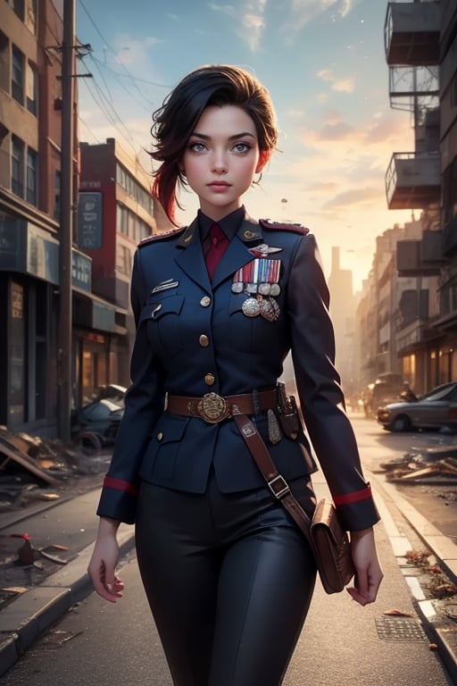 masterpiece,best quality, highly detailed, ruby_rose, looking_at_viewer, ((cowboy shot)), wearing military uniform, walking, with white haired female military officer, officer with long white ponytail, in cityscape,  female military on street, post-war ruins in distance, bonfire, post-apocalypse, dystopian future, poakl