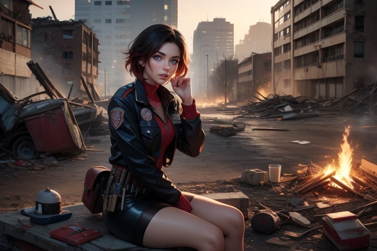 masterpiece,best quality, highly detailed, ruby_rose, looking_at_viewer, ((cowboy shot)), sitting with other female officers, sitting in collapsed school buildings, desks, bonfire, rubble, post-apocalypse, dystopian future,  poakl