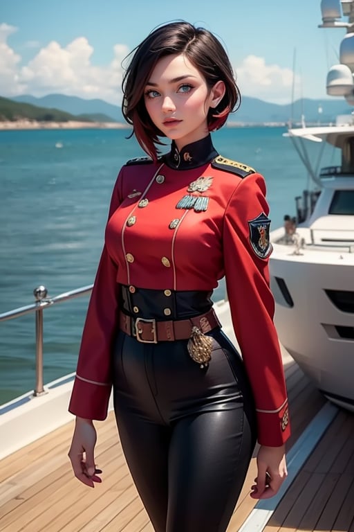 masterpiece,best quality, highly detailed, ruby_rose, looking_at_viewer, ((cowboy shot)), wearing military uniform, standing on pier, next to futuristic yacht, other military officers, poakl