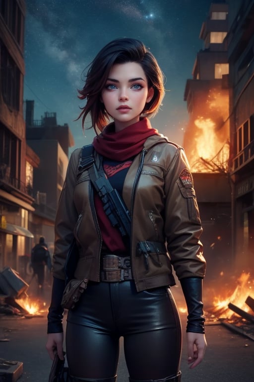 masterpiece,best quality, highly detailed, (ruby_rose, looking_at_viewer,  cowboy shot), standing, in futuristic city street, night, stars, female military on street, post-war ruins in distance, bonfire, post-apocalypse, dystopian future, poakl