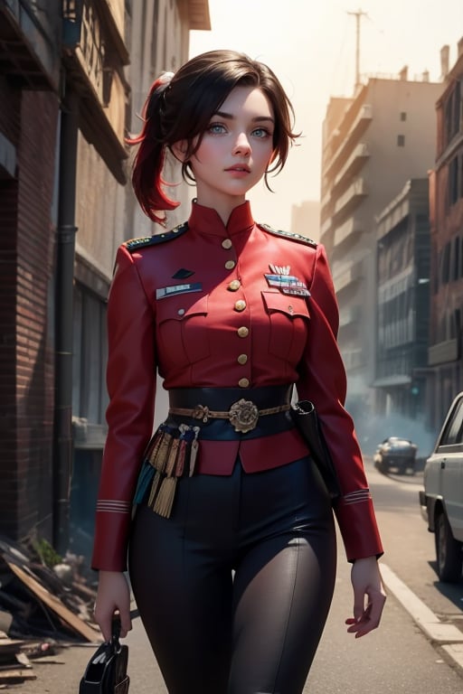 masterpiece,best quality, highly detailed, ruby_rose, looking_at_viewer, ((cowboy shot)), wearing military uniform, walking, with white haired female military officer, officer with long white ponytail, in cityscape,  female military on street, post-war ruins in distance, bonfire, post-apocalypse, dystopian future, poakl