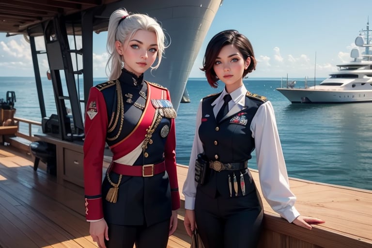 masterpiece,best quality, highly detailed, ruby_rose, looking_at_viewer, ((cowboy shot)), wearing military uniform, standing on pier, next to futuristic yacht, with white haired female military officer, officer with long white ponytail, other military officers, poakl