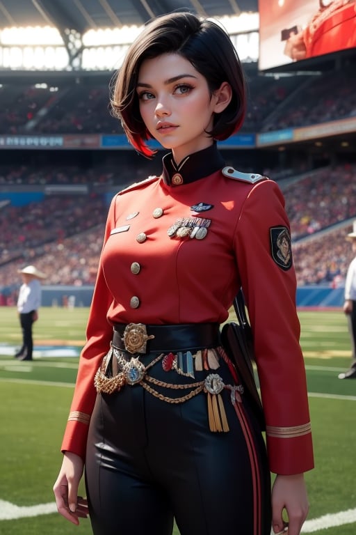 masterpiece,best quality, highly detailed, ruby_rose, very short black hair with red highlights, looking_at_viewer, ((cowboy shot)), wearing military uniform, standing with fellow female officers, standing in stadium, small crowd, spectators, poakl