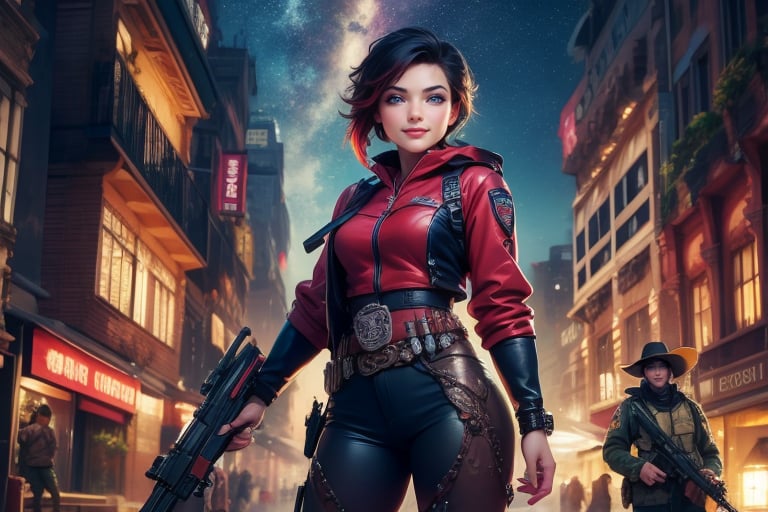 masterpiece,best quality, highly detailed, ruby_rose,1girl,solo,looking_at_viewer, smile, cowboy shot, standing, in futuristic city street, night, stars, female military patrolling with weapons, poakl