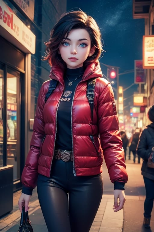 masterpiece,best quality, highly detailed, ruby_rose,1girl,solo,looking_at_viewer, cowboy shot, walking, in futuristic city street, night, stars, poakl