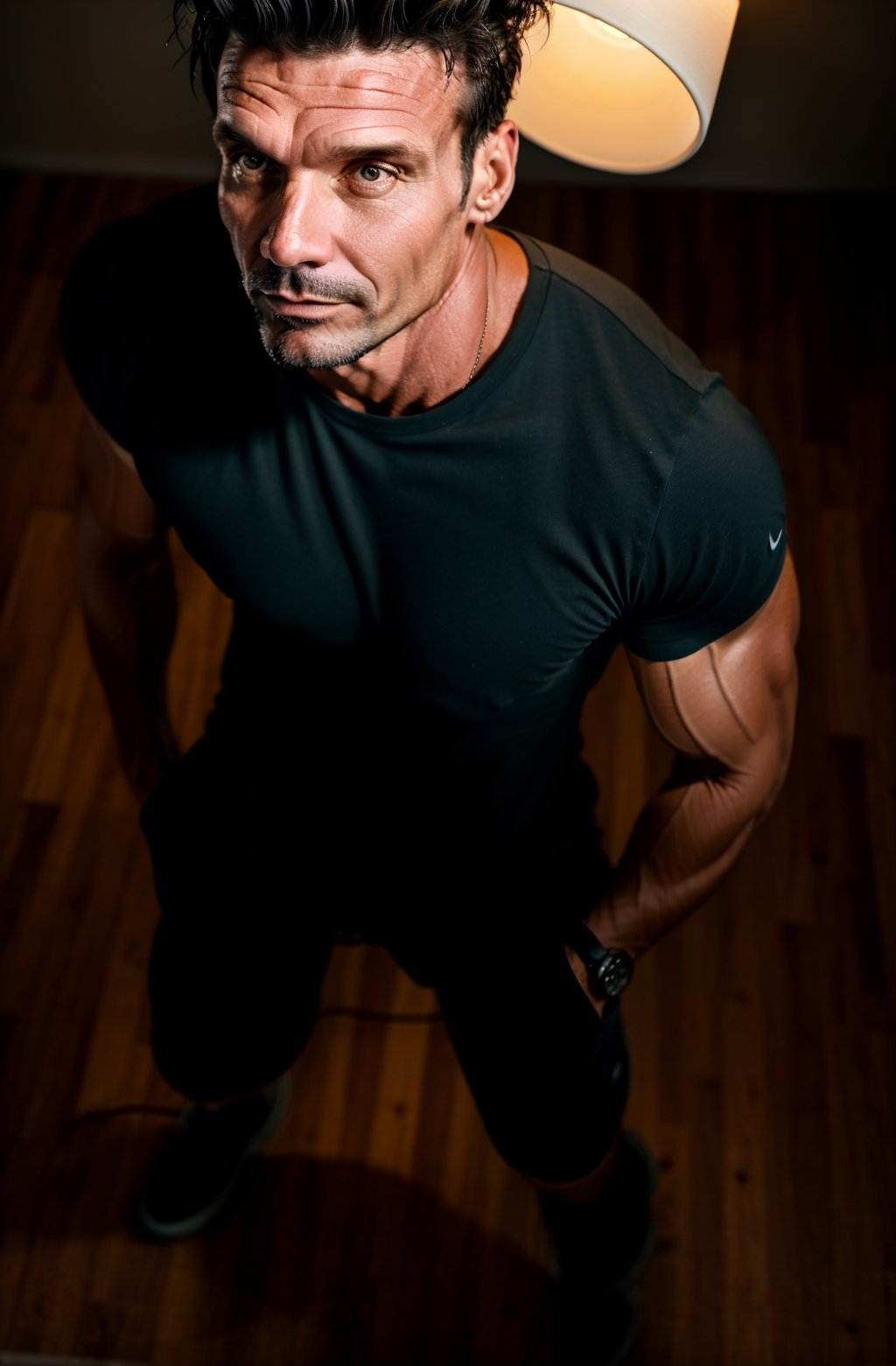 Mid age man, looking with intense and focused look, powerful facial structure, background with  lamp lights set up, pov, full body shot,frank grillo