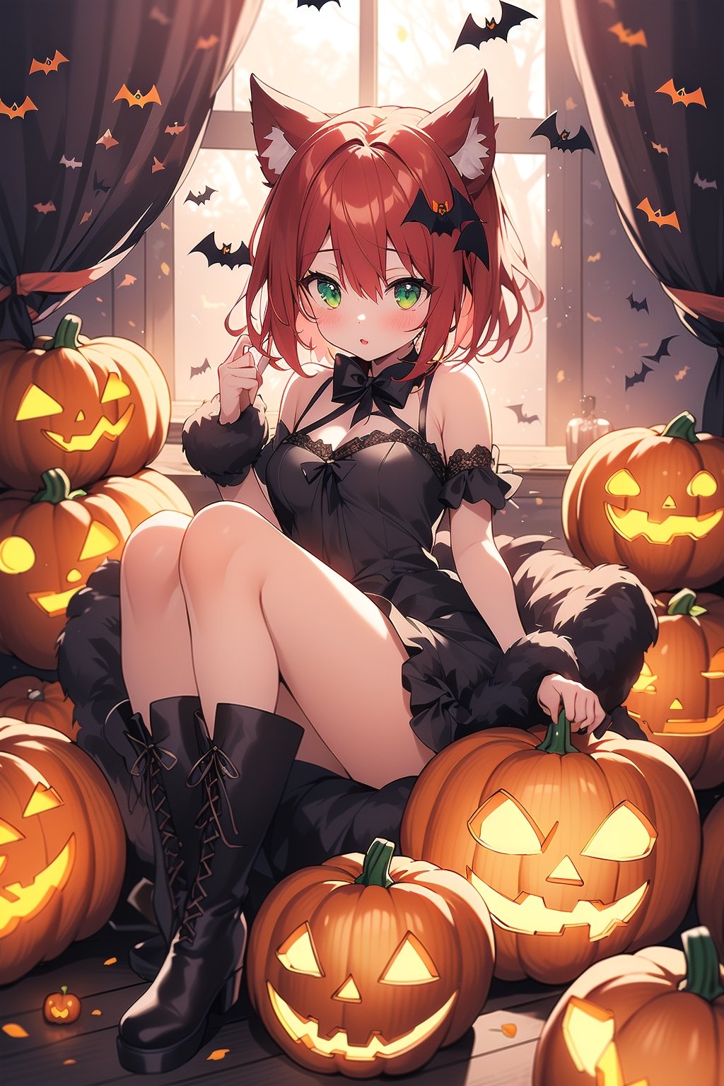 (8k, RAW photo, Masterpiece:1.2), best quality, (illustration, absurd-resolution:1.1), hyper detail, (Natural lighting ) ,
A woman of good appearance , raccoon dog ears , short  hair , red hair, green eyes, colorful ,  raccoon dog tail,boots , BREAK
((colorful Halloween:1.3))((Halloween:1.3)), ((colorful flower)),jack-o-lantern, 🎃, pumpkin,nightmare ,