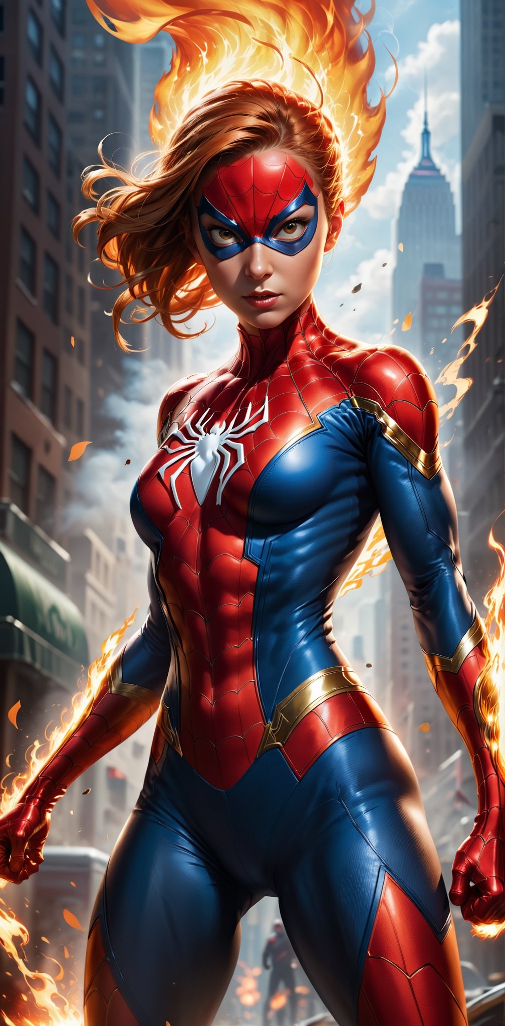 Imagine a dynamic scene featuring the fighting of iconic Marvel Comics character,spider_girl , Visualize him engulfed in flames, radiating with fiery intensity. Craft a prompt for a super detailed, 32k Ultra HDR image capturing the essence of Human Torch's blazing presence – perfect face, flames, and dynamic pose. Choose a background that complements his character, creating a cinematic masterpiece with high realism and top-notch image quality, 