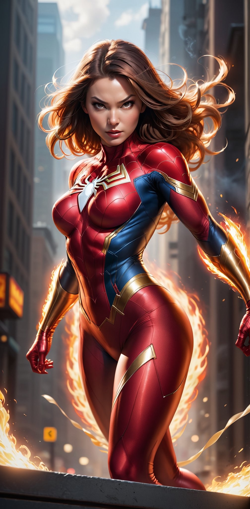 Imagine a dynamic scene featuring of iconic Marvel Comics character,spider_woman , Visualize him engulfed in flames, sexy pose, very big breast, swinging, radiating with fiery intensity. Craft a prompt for a super detailed, 32k Ultra HDR image capturing the essence of Human Torch's blazing presence – perfect face, flames, and dynamic pose. Choose a background that complements his character, creating a cinematic masterpiece with high realism and top-notch image quality, ,ellafreya