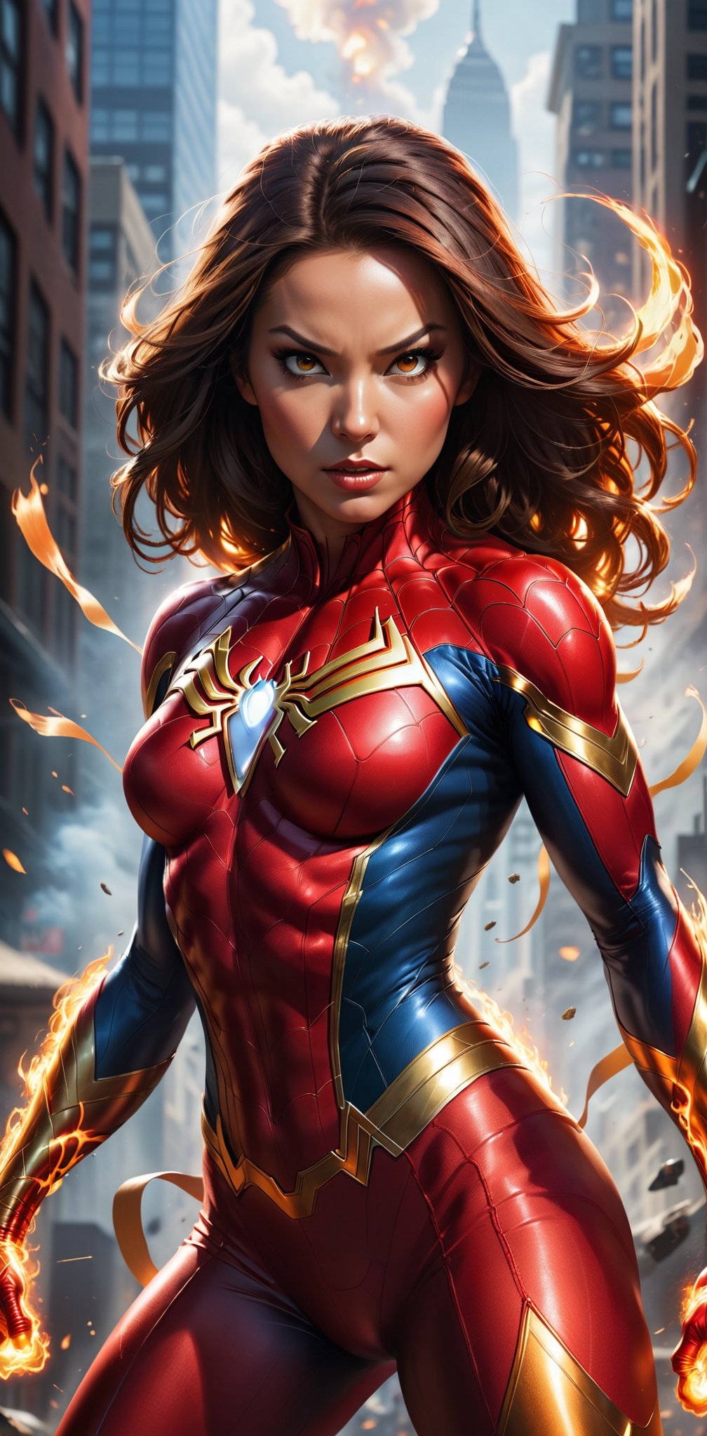 Imagine a dynamic scene featuring the fighting of iconic Marvel Comics character,spider_woman , Visualize him engulfed in flames, sexy pose, radiating with fiery intensity. Craft a prompt for a super detailed, 32k Ultra HDR image capturing the essence of Human Torch's blazing presence – perfect face, flames, and dynamic pose. Choose a background that complements his character, creating a cinematic masterpiece with high realism and top-notch image quality, 