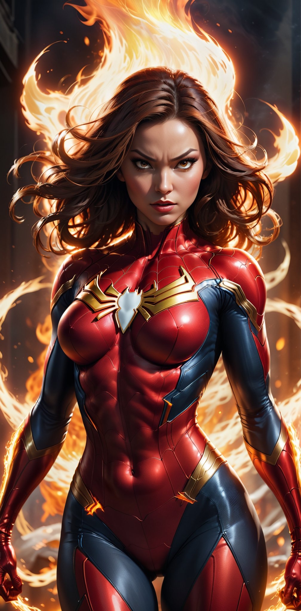 Imagine a dynamic scene featuring of iconic Marvel Comics character,spider_woman , Visualize him engulfed in flames, sexy pose, very big breast, swinging, radiating with fiery intensity. Craft a prompt for a super detailed, 32k Ultra HDR image capturing the essence of Human Torch's blazing presence – perfect face, flames, and dynamic pose. Choose a background that complements his character, creating a cinematic masterpiece with high realism and top-notch image quality, 