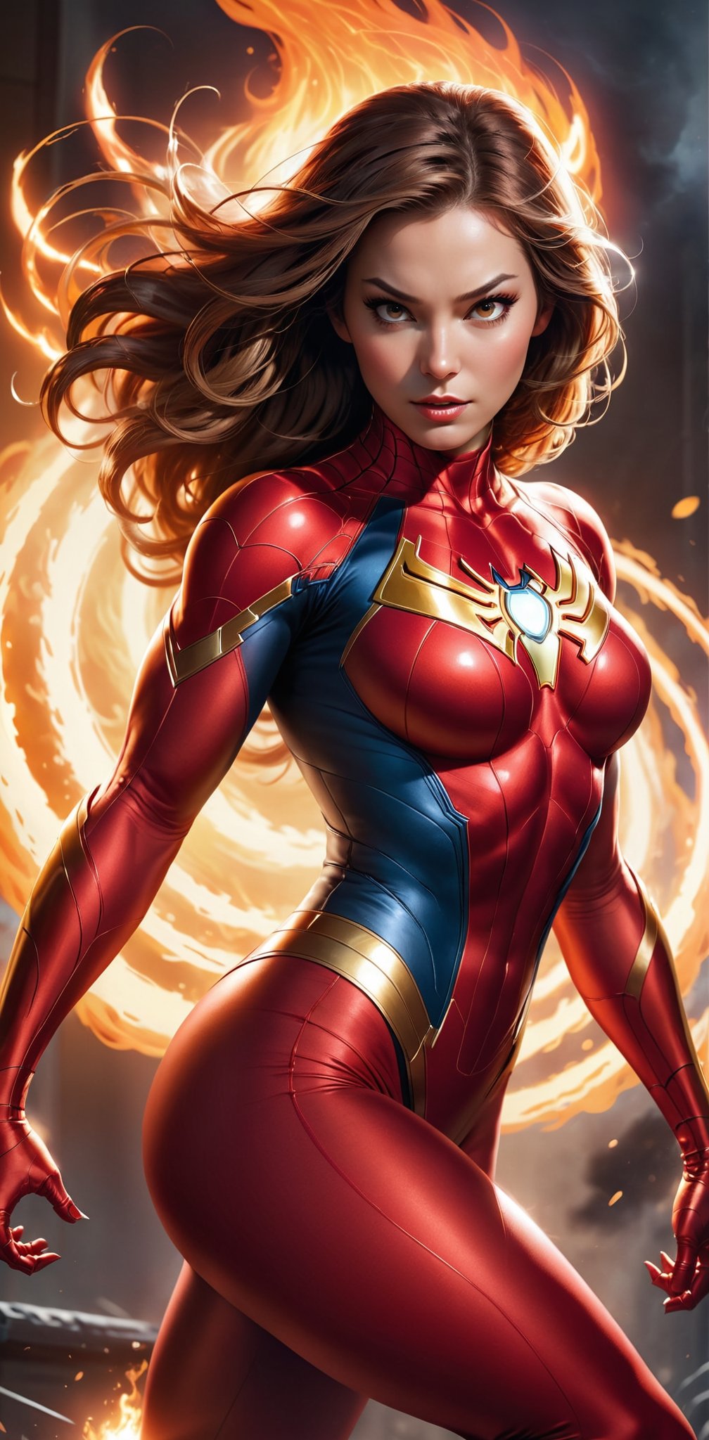 Imagine a dynamic scene featuring of iconic Marvel Comics character,spider_woman , Visualize him engulfed in flames, sexy pose, very big breast, swinging, radiating with fiery intensity. Craft a prompt for a super detailed, 32k Ultra HDR image capturing the essence of Human Torch's blazing presence – perfect face, flames, and dynamic pose. Choose a background that complements his character, creating a cinematic masterpiece with high realism and top-notch image quality, ,ellafreya