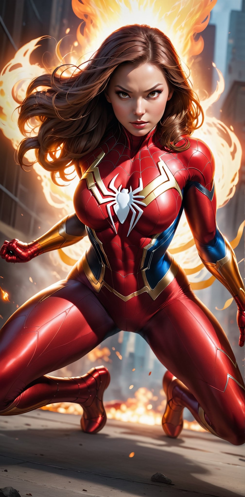 Imagine a dynamic scene featuring of iconic Marvel Comics character,spider_woman , Visualize him engulfed in flames, sexy pose, big breast, swinging, combining spiderman and ironman costume, radiating with fiery intensity. Craft a prompt for a super detailed, 32k Ultra HDR image capturing the essence of Human Torch's blazing presence – perfect face, flames, and dynamic pose. Choose a background that complements his character, creating a cinematic masterpiece with high realism and top-notch image quality, ,ellafreya