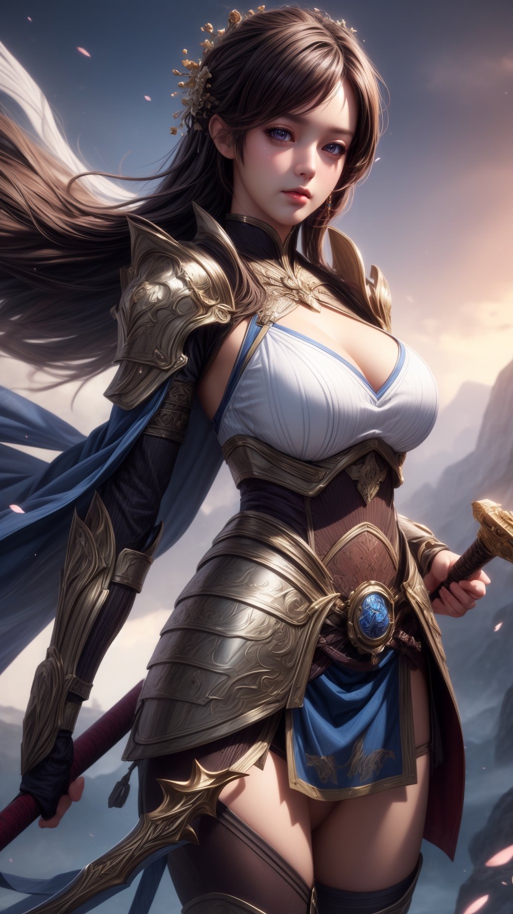 ((masterpiece))), (((best quality))), ((ultra-detailed)), (hyperrealistic), (highly detailed CG illustration), cinematic light, photorealistic ,1girl, armor, eaba, cape, sword, spear, axe,girl