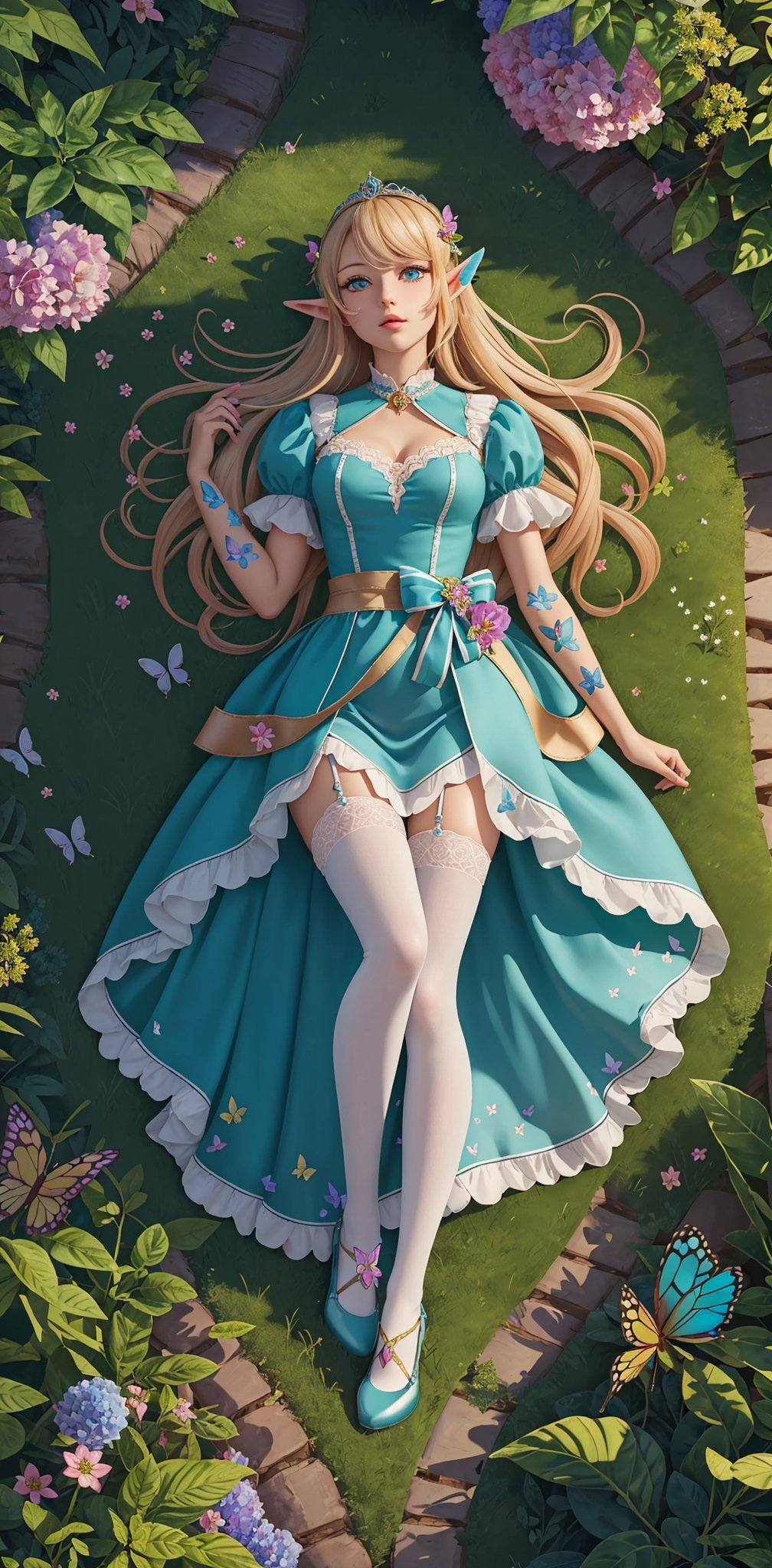 (best quality, masterpiece, illustration, designer, lighting), (extremely detailed CG 8k wallpaper unit), (detailed and expressive eyes), detailed particles, beautiful lighting, a cute girl, very long blonde hair, wearing a teddy bear tiara, donning a beautiful green and white dress with ruffles and lace, sheer carteus stockings, transparent aquamarine crystal shoes, bows around her waist (elf in forest), butterflies around, (Pixiv anime style),(manga style),background, garden, colored flowers,butterflies, flowers, flowers covering her, (aerial view), grass, leaning on flowers, lying down,  looking to viewer, flower background,road of flowers,drow,fashion_girl