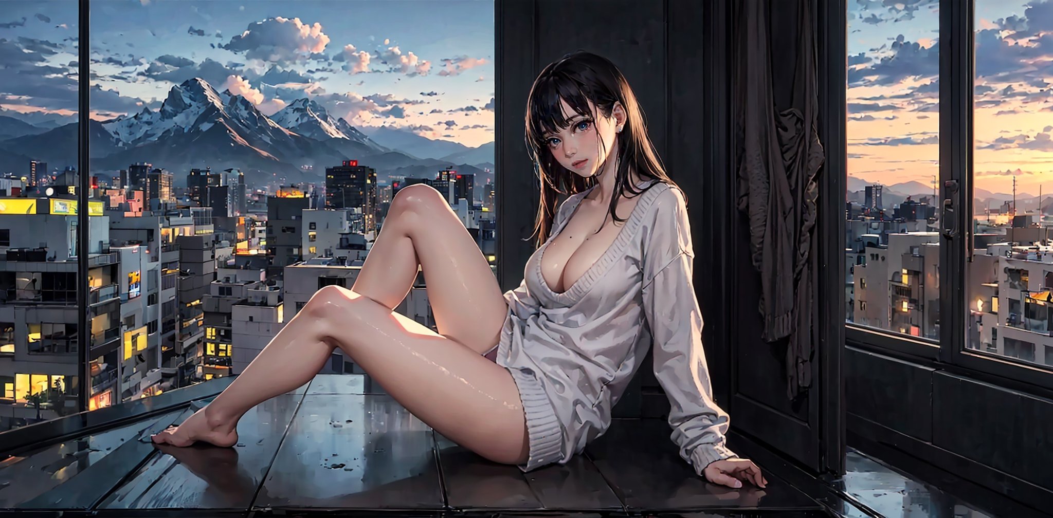 Masterpiece, Best quality, offcial art, Extremely detailed Cg Unity 8K wallpaper, 1girll, 超高分辨率, (Photorealistic:1.4), 1girll, perfect hand, delicated, Chest moles, Bare legs, Sweaters, long sweater, Tight sweater, Wrap over a hip sweater, cleavage,

balcony, mountain view, amazing sky, cloudy_sky