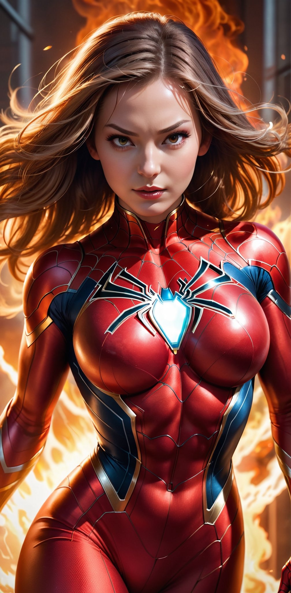 Imagine a dynamic scene featuring of iconic Marvel Comics character,spider_woman , Visualize him engulfed in flames, sexy pose, big breast, swinging, combining spiderman and ironman costume, radiating with fiery intensity. Craft a prompt for a super detailed, 32k Ultra HDR image capturing the essence of Human Torch's blazing presence – perfect face, flames, and dynamic pose. Choose a background that complements his character, creating a cinematic masterpiece with high realism and top-notch image quality, ,ellafreya