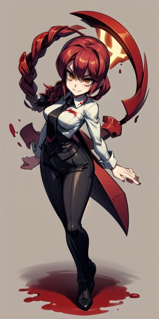 (best quality, masterpiece:1.3), (perfect details:1.1), 1girl, makima\(chainsaw man\), red hair, yellow eyes, ringed eyes, braided ponytail, black necktie, dress shirt, slacks, dramatic pose, smiling, ((Skullgirls style)), ((full body)), ((blood))