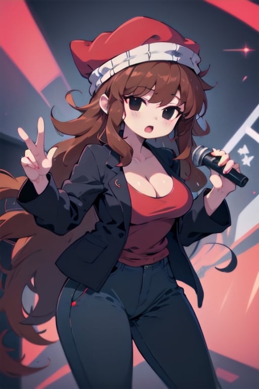 HypnoLullabyGF, hat, brown hair, red headwear, pants, black jacket, black eyes, red shirt, very long hair, cleavage, holding microphone, hip hop, LOFI