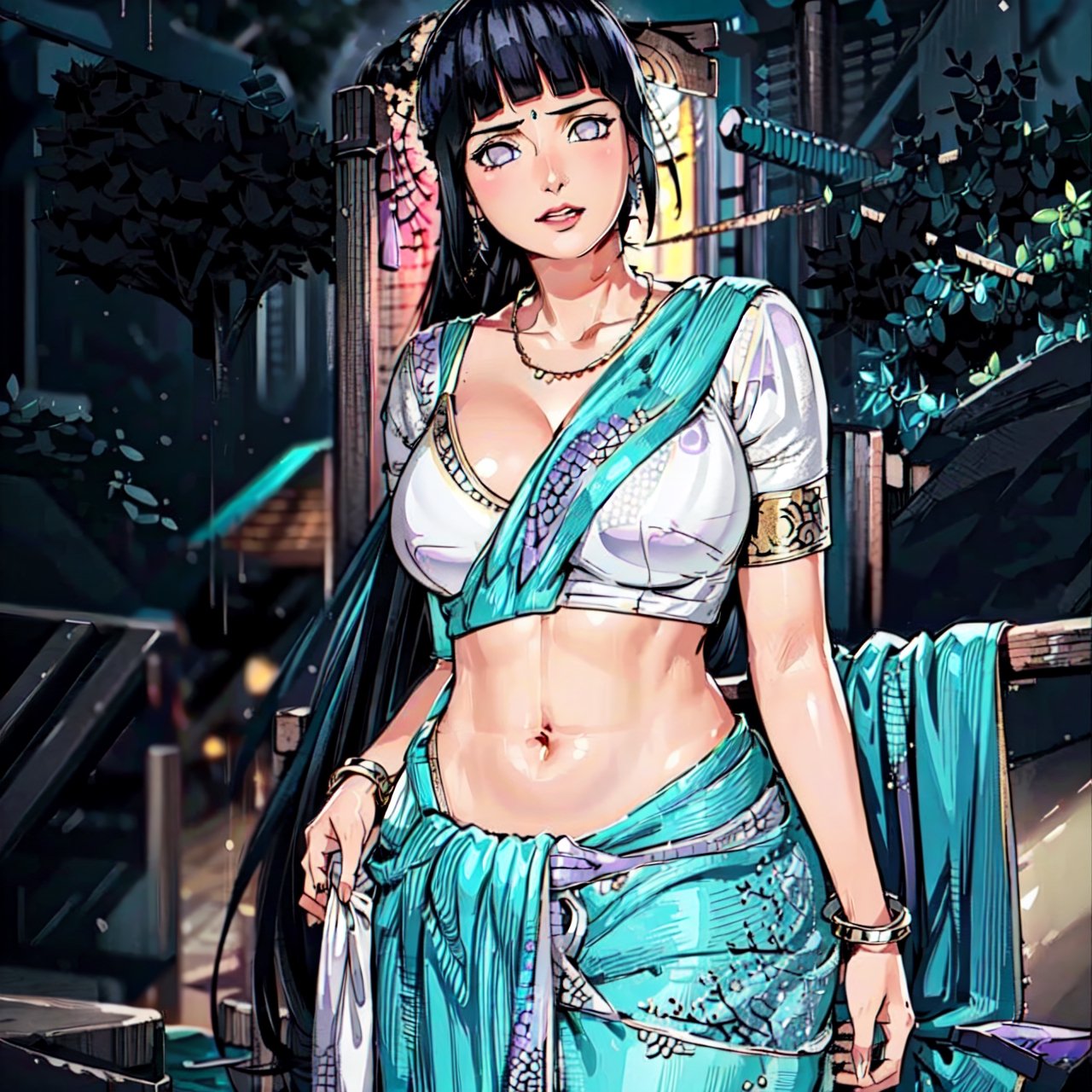 ultra realistic 8k cg, picture-perfect face, flawless, clean, masterpiece, professional artwork, famous artwork, cinematic lighting, cinematic bloom, perfect face, beautiful face,(huge boobs:1.4, camel toe), (skindentation), thick thighs, wide hips, narrow waist, deep cleavage, beautiful clothes, light green sari, sky blue lace, lace trim, indian, very long hair, (rich:1.4), prestige, luxury, jewelry, intricate detail, delicate pattern, seductive, erotic, enchanting, hair ornament, necklace, earrings, bracelet, armlet, looking at viewer, full body view,hinata\(shippuden\),Saree, (COLOR saree),realistic