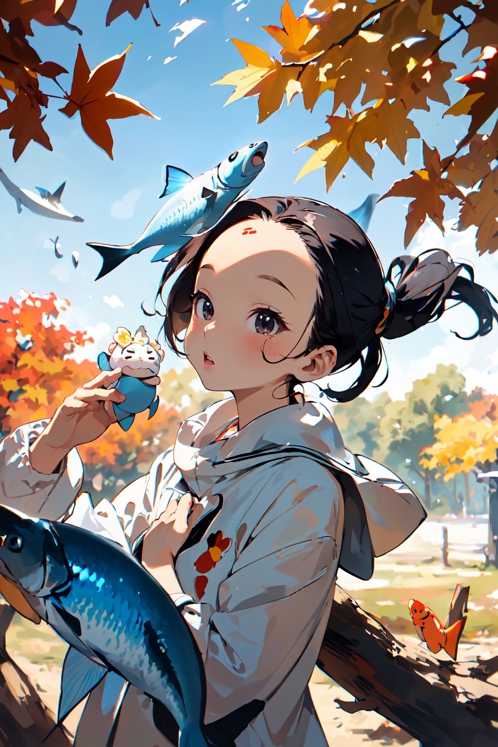 (masterpiece, absurdres, highres, ultra detailed:1.2), cute illustration, kawaii, (fuwafuwa ilustration:1.4),
BREAK
1 girl, (forehead:1.5), Under a tree with autumn leaves and a blue sky, looking up, (cute fish;1.2) flying in the sky