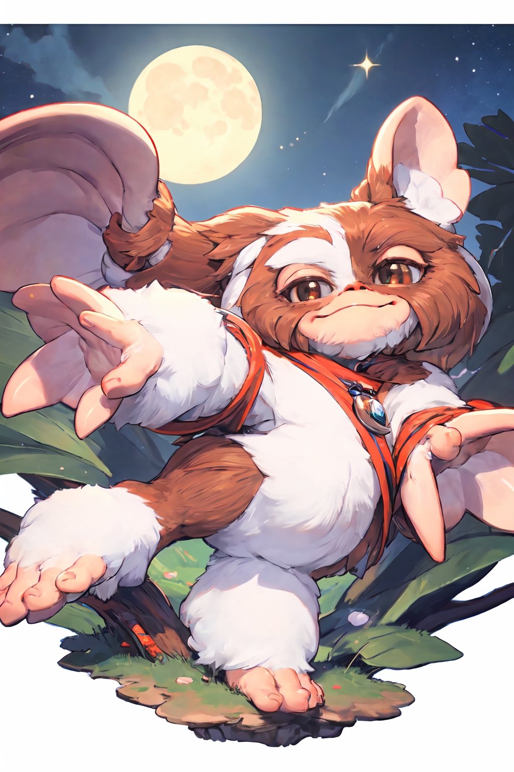 absurdres, highres, ultra detailed background, cute smile, 
full body , Gizmo, sing under the moonlight, furry