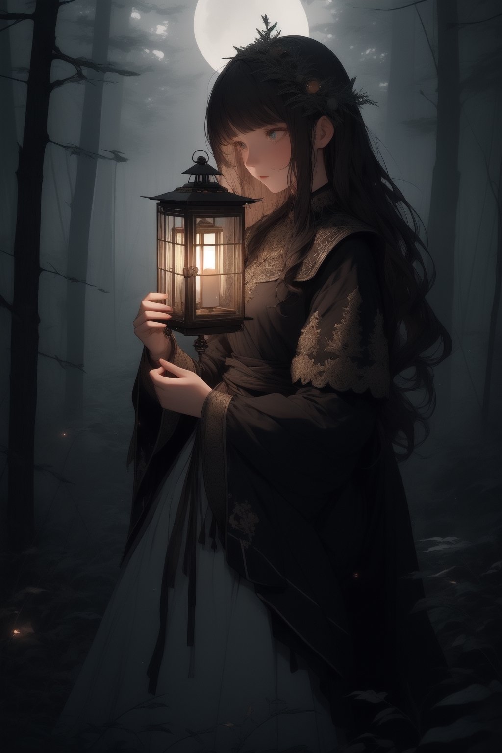 deep forest, aesthetic, (crhistmas feilds), moonlight, film lighting, high_resolution, (high_quality), best quality, figure holding a lantern, anbient lighting, long_sleeves, hair_past_waist, pauldron 