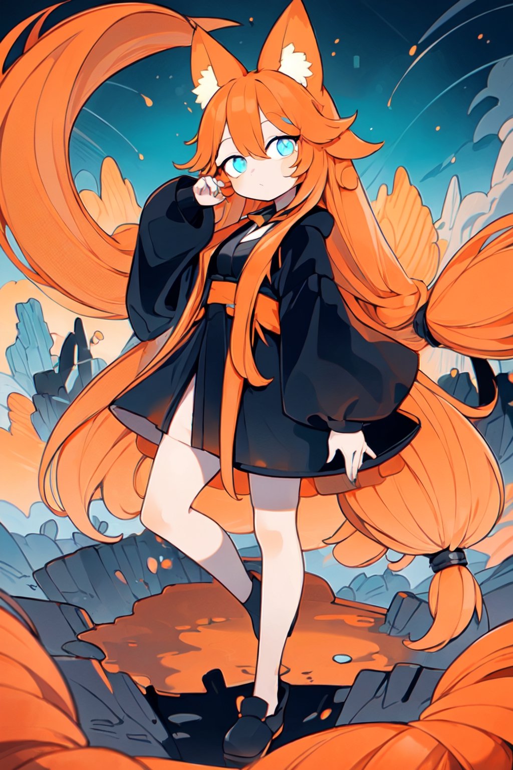 (1 girl:1.3), solo, glowing blue eyes, (drooping eyes:1.3), large eyes, (straight long hair:1.5), straight hair, (orange long hair:1.5), (matte hair texture:1.2), orange (fox ears:1.2), black long robe, full body, (beautiful landscape wide shot:1.2), dynamic angle