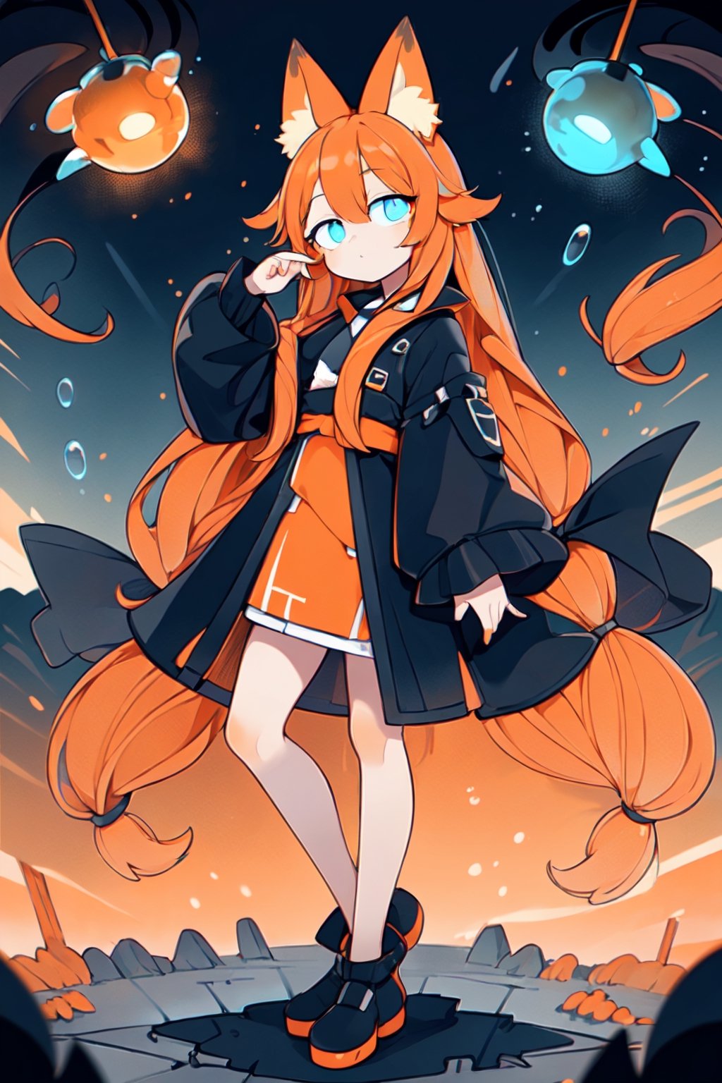 (1 girl:1.3), solo, glowing blue eyes, (drooping eyes:1.3), large eyes, (straight long hair:1.5), straight hair, (orange long hair:1.5), (matte hair texture:1.2), orange (fox ears:1.2), black long robe, full body, (beautiful landscape wide shot:1.2), dynamic angle