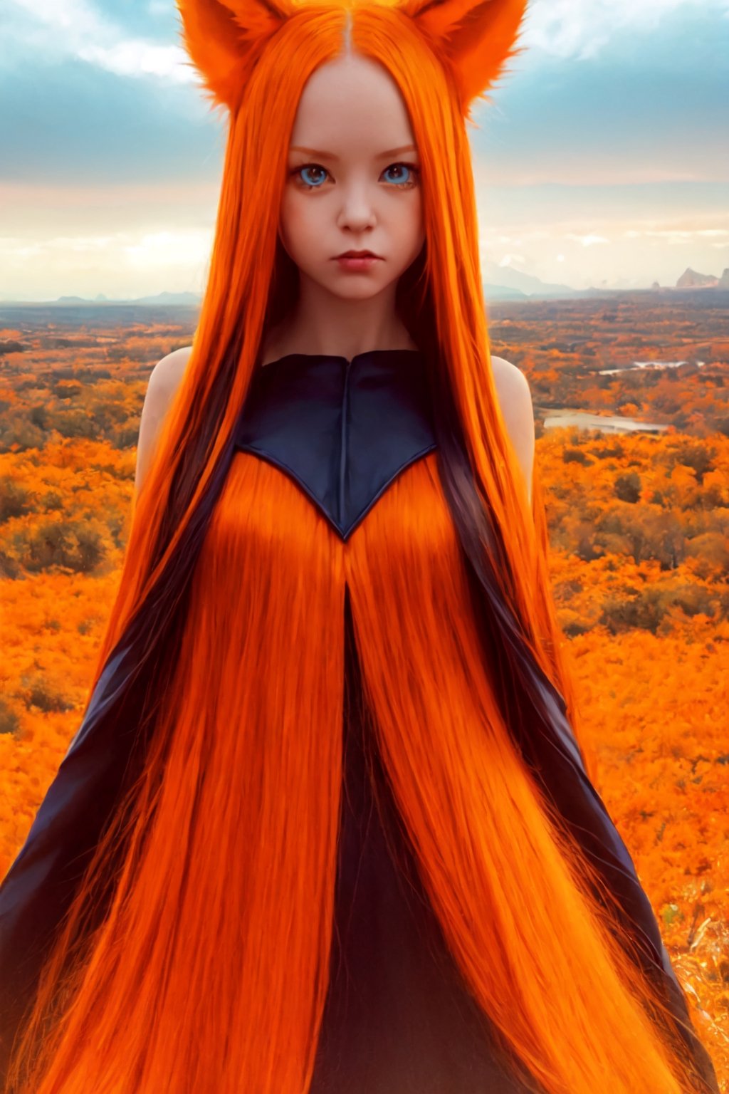 (1 girl:1.3), solo, (forehead:1.3), glowing blue eyes, (drooping eyes:1.3), large eyes, (straight long hair:1.5), straight hair, (orange long hair:1.5), (matte hair texture:1.2), orange (fox ears:1.2), full body, (beautiful landscape wide shot:1.2), dynamic angle