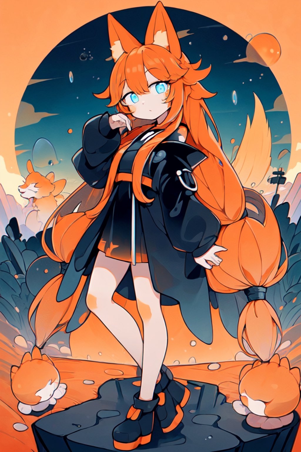 (1 girl:1.3), solo, glowing blue eyes, (drooping eyes:1.3), large eyes, (straight long hair:1.5), straight hair, (orange long hair:1.5), (matte hair texture:1.2), orange (fox ears:1.2), black long robe, full body, (beautiful landscape wide shot:1.2), dynamic angle