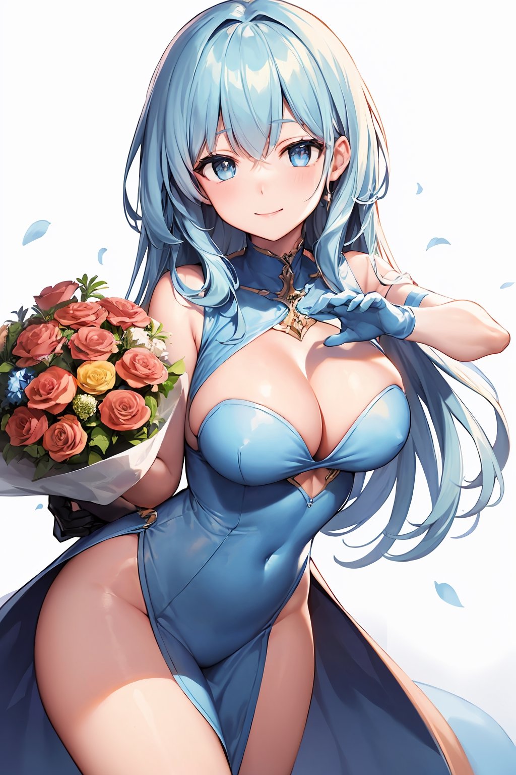 absurdres,  highres,  (light blue beautiful eyes:1.2),  smile, 
BREAK
shining faintly, (big breasts:0.4), hands on chest, big animal glove, (dynamicpose:1.3), (round bouquet:1.5),
(cute illustration:1.2), (fuwafuwa illustration:1.2), white background