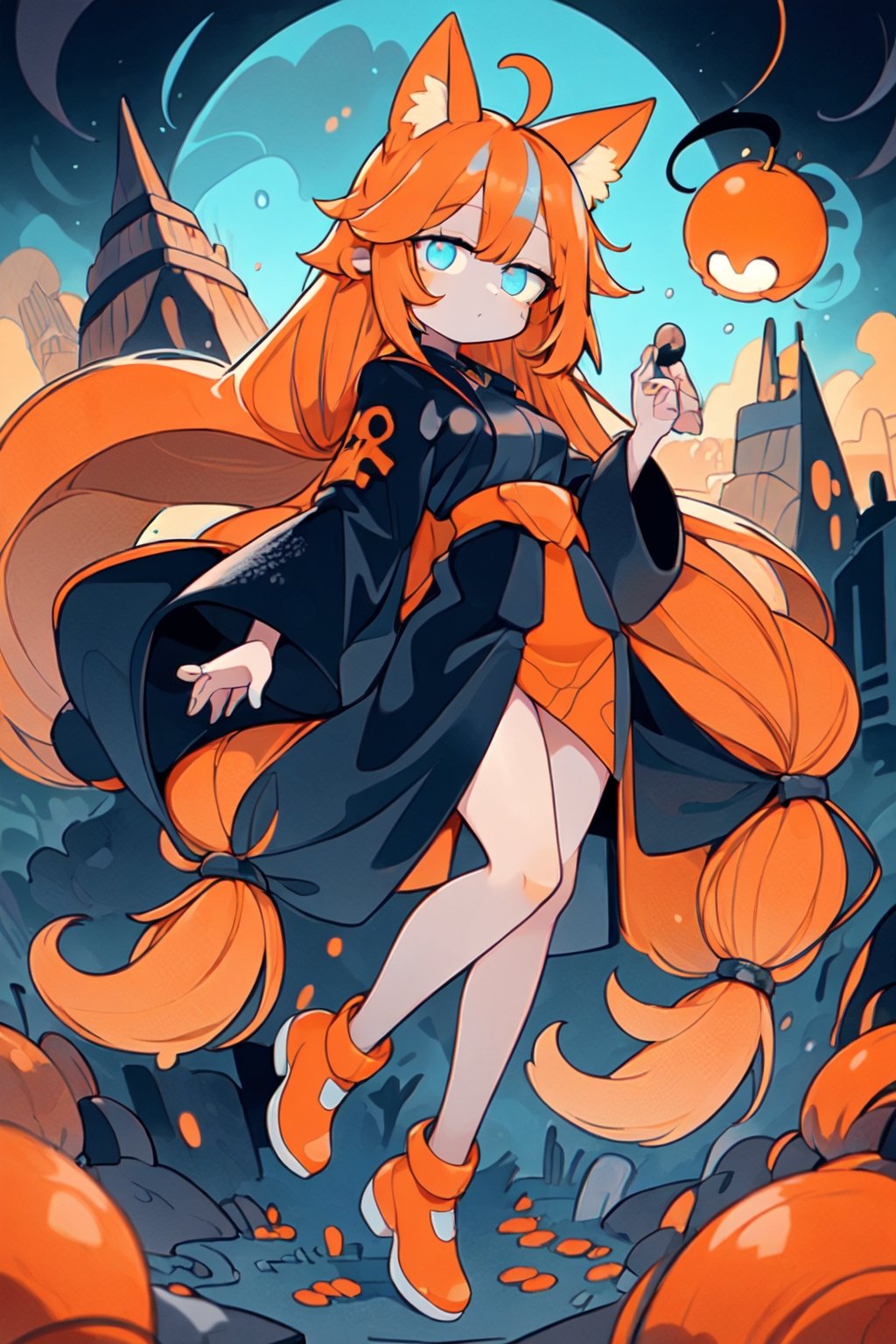 (1 girl:1.3), solo, glowing blue eyes, (drooping eyes:1.3), large eyes, (straight long hair:1.5), straight hair, (orange long hair:1.5), (matte hair texture:1.2), orange (fox ears:1.2), black long robe, full body, (beautiful landscape wide shot:1.2), dynamic angle