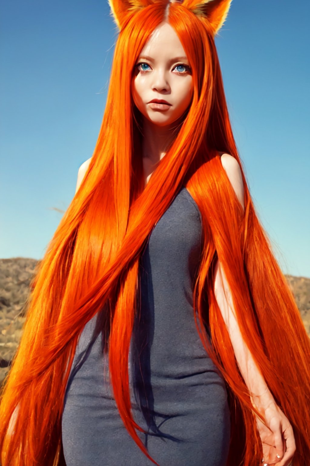 (1 girl:1.3), solo, (forehead:1.3), glowing blue eyes, (drooping eyes:1.3), large eyes, (straight long hair:1.5), straight hair, (orange long hair:1.5), (matte hair texture:1.2), orange (fox ears:1.2), full body, (beautiful landscape wide shot:1.2), dynamic angle