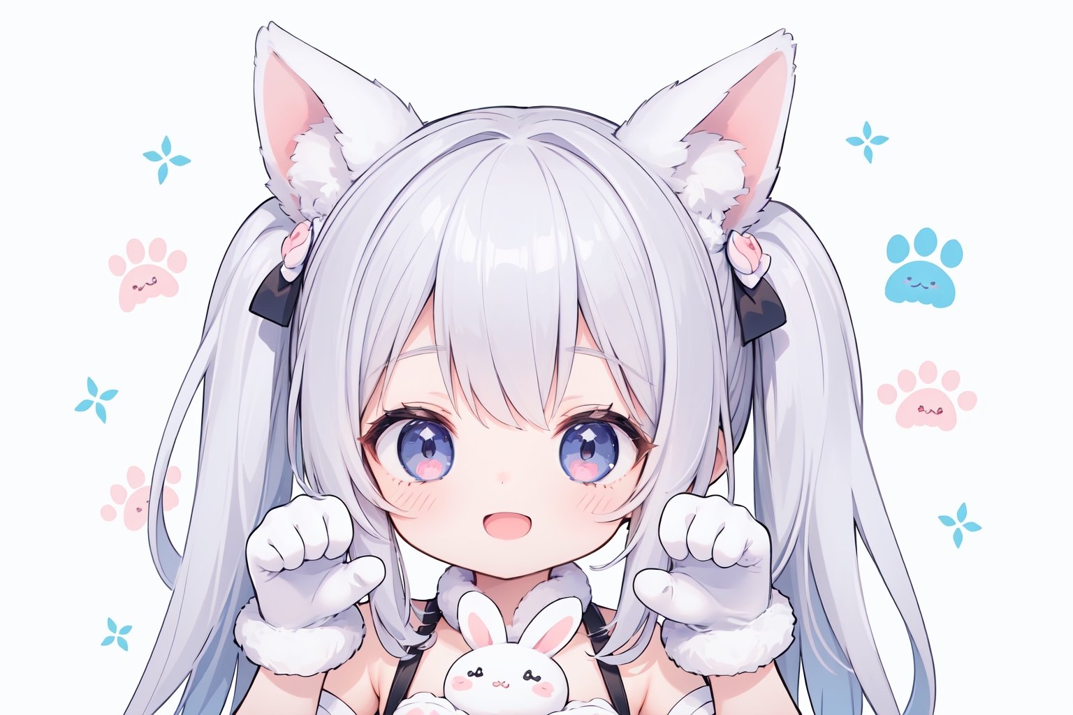 (1 little girl:1.4),  smile,  open mouth, white rabbit gloves, paw pose, 
(cute illustration:1.2),  (fuwafuwa illustration:1.2),  white background