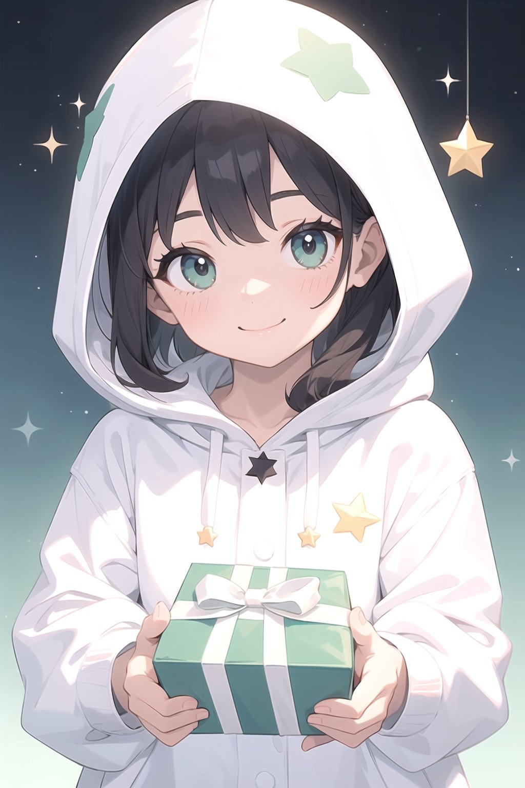 1 little girl wearing a white fluffy hooded coat smiles with a green gift box, twinkle star background,Cute girl