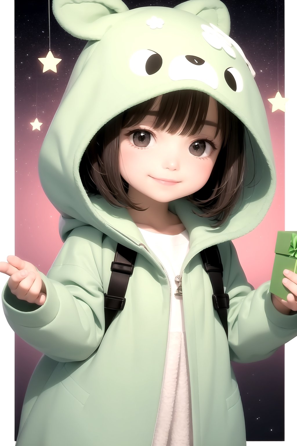 1 little girl wearing a white fluffy hooded coat smiles with a green gift box, twinkle star background