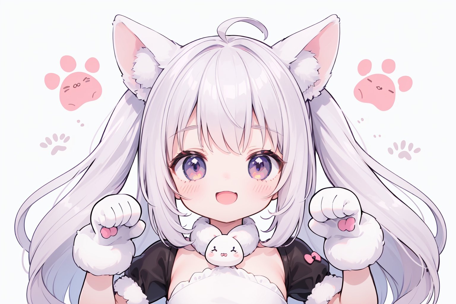 (1 little girl:1.4),  smile,  open mouth, white rabbit gloves, paw pose, 
(cute illustration:1.2),  (fuwafuwa illustration:1.2),  white background