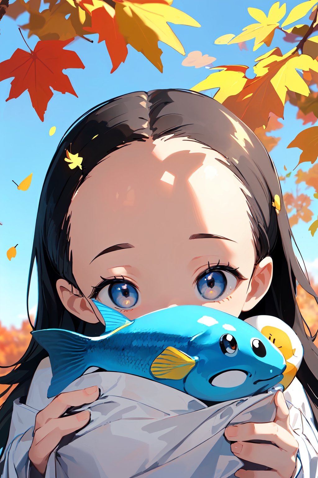 (masterpiece, absurdres, highres, ultra detailed:1.2), cute illustration, kawaii, (fuwafuwa ilustration:1.4),
BREAK
1 girl, (forehead:1.5), Under a tree with autumn leaves and a blue sky, looking up, (cute fish;1.2) flying in the sky