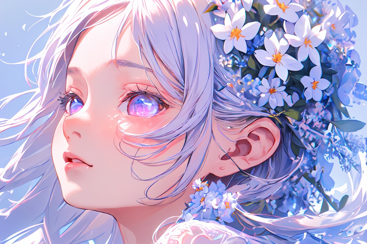 masterpiece, best quality, extremely detailed, Animated character, Female profile, Delicate features, Flowers in hair,Serene expression, Slightly downcast eyes, Soft skin texture, Ear visible, White attire, Subtle gradient background, High resolution, Realistic rendering.