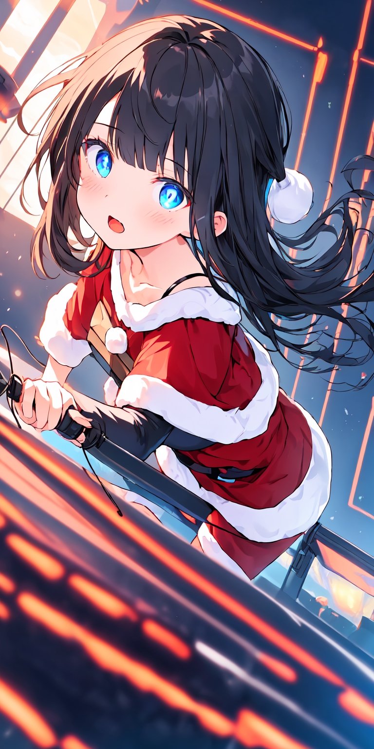 absurdres, highres, ultra detail background, (1 girl:1.3), (dynamic angle:1.4),
BREAK
(long straight hair, blunt bangs, black hair:1.2), (oversized santa outfit:1.2), light blue eyes, (function wired:1.4)