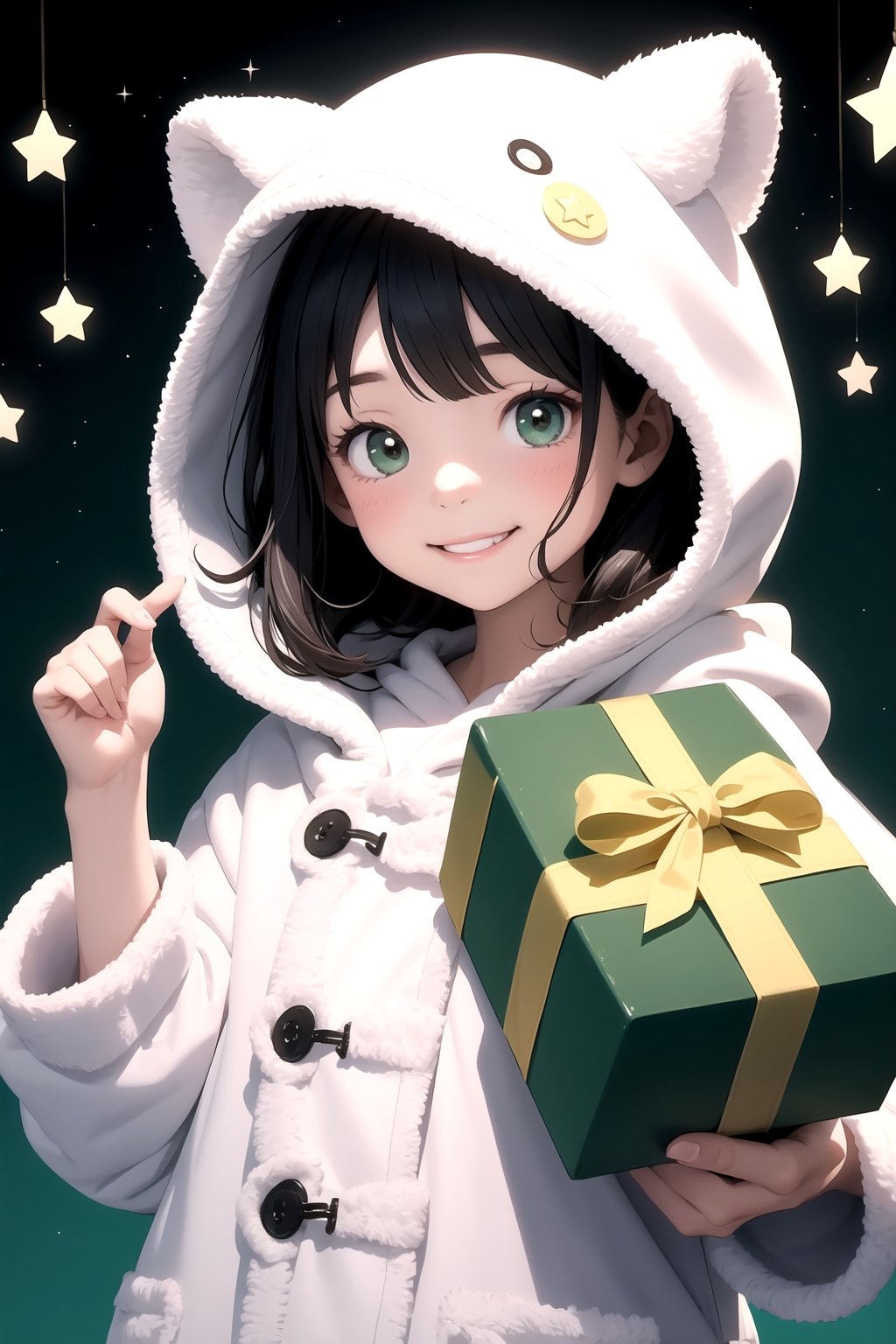 1 little girl wearing a white fluffy hooded coat smiles with a green gift box, twinkle star background,Cute girl