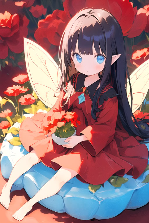 one large red flower background, (micro size picture:1.4), (1 little fairy girl:1.3) sitting on a flower, (long straight hair, blunt bangs, black hair:1.2), (oversized outfit:1.2), light blue eyes,