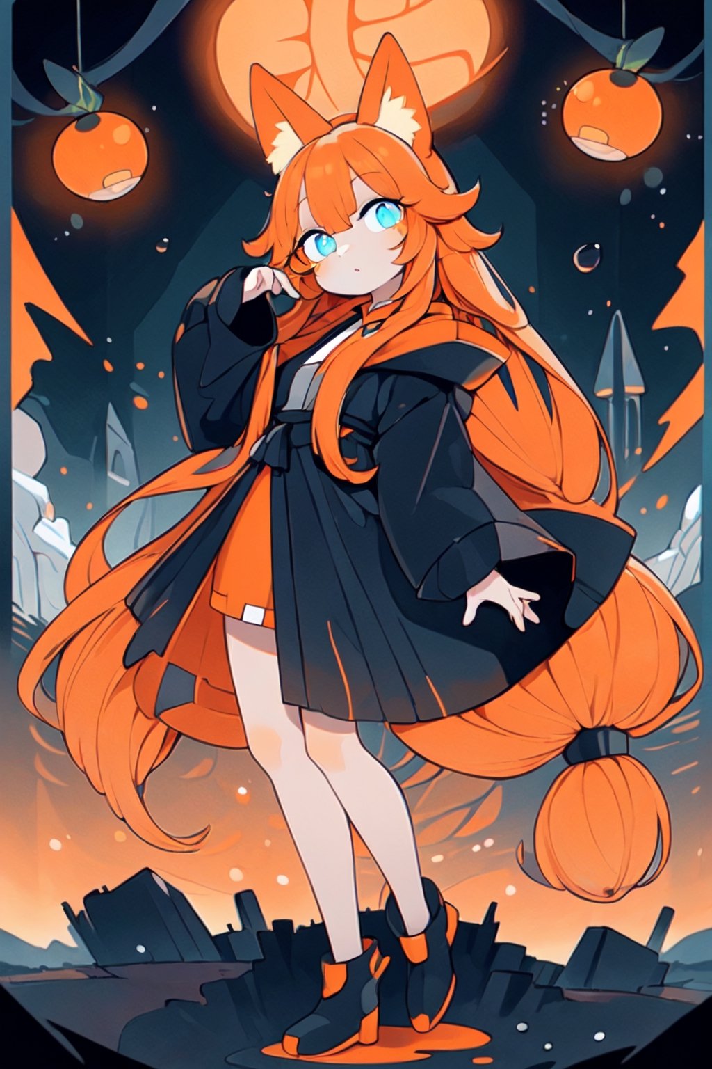 (1 girl:1.3), solo, glowing blue eyes, (drooping eyes:1.3), large eyes, (straight long hair:1.5), straight hair, (orange long hair:1.5), (matte hair texture:1.2), orange (fox ears:1.2), black long robe, full body, (beautiful landscape wide shot:1.2), dynamic angle