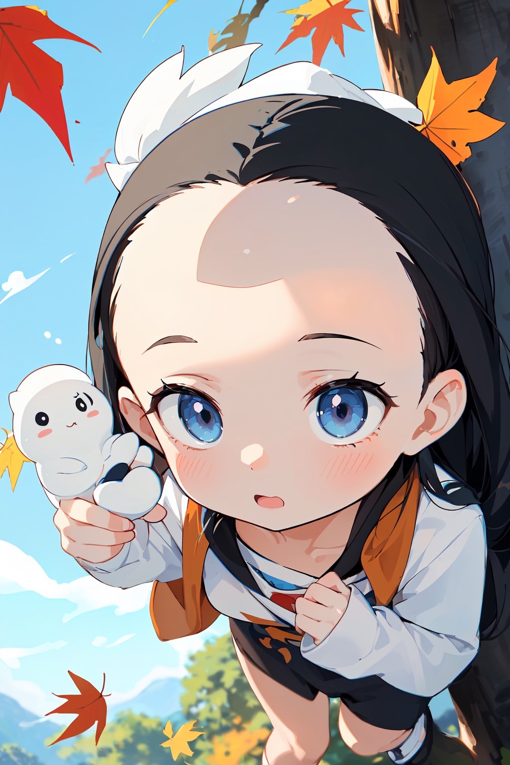 (masterpiece, absurdres, highres, ultra detailed:1.2), cute illustration, kawaii, (fuwafuwa ilustration:1.4),
BREAK
1 girl, (forehead:1.5), Under a tree with autumn leaves and a blue sky, looking up, (cute fish;1.2) flying in the sky