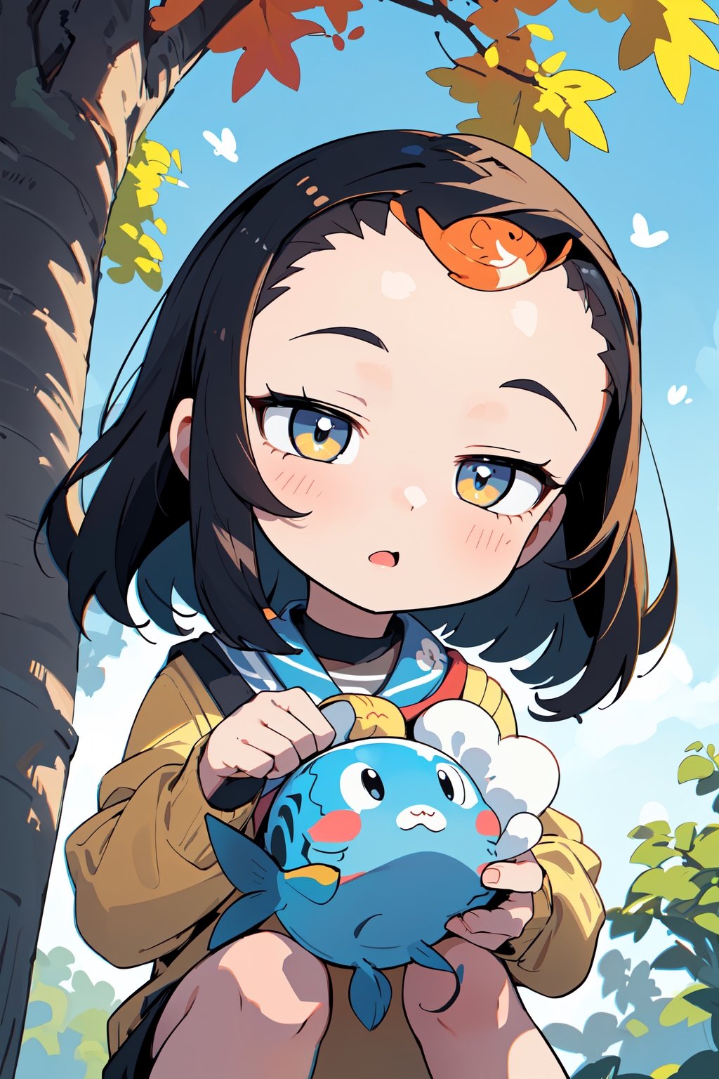 (masterpiece, absurdres, highres, ultra detailed:1.2), cute illustration, kawaii, (fuwafuwa ilustration:1.4),
BREAK
1 girl, (forehead:1.5), Under a tree with autumn leaves and a blue sky, looking up, (cute fish;1.2) flying in the sky