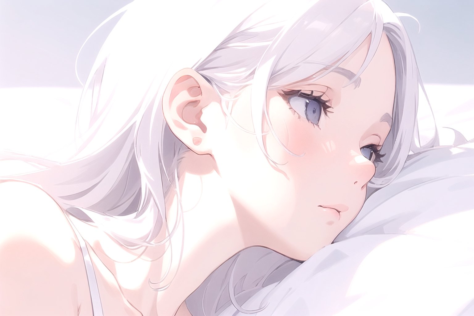 masterpiece, best quality, extremely detailed, Female profile, Delicate features, Serene expression, Slightly sleepy eyes, Soft skin texture, Ear visible, White attire, Subtle gradient background, High resolution, Realistic rendering, on the bed,Cute girl