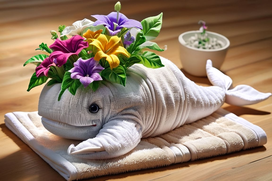 DonMT0w31XL towel. A whale and potted petunia made out of towels. Best quality score_9, with vivid colors in a realistic style.